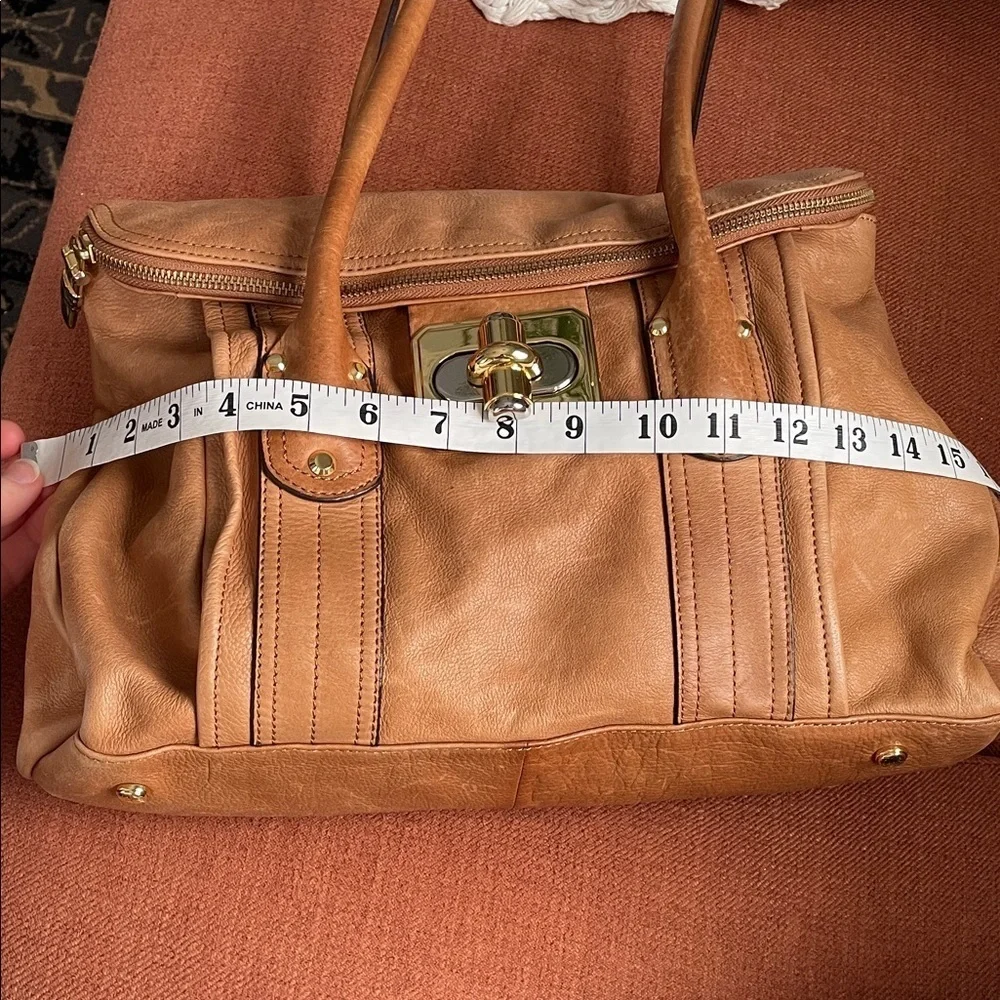 B Makowsky Tan Leather Shoulder Bag Satchel with Gold Accents